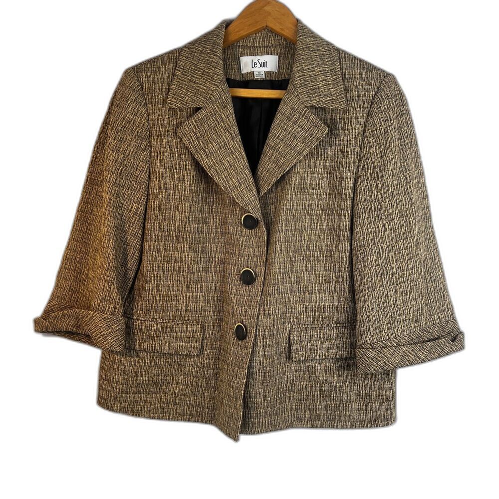 Le‎ Suit Tweed Single Breasted Blazer 1/2 Sleeve Classic Business Career Size 12